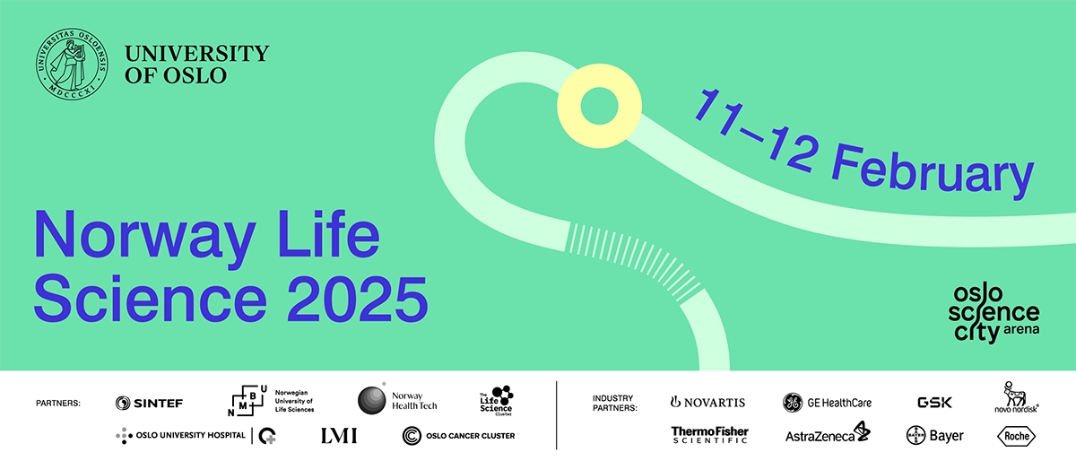 Banner with "Norway Life Science 2025" and 11-12 February in print on green background