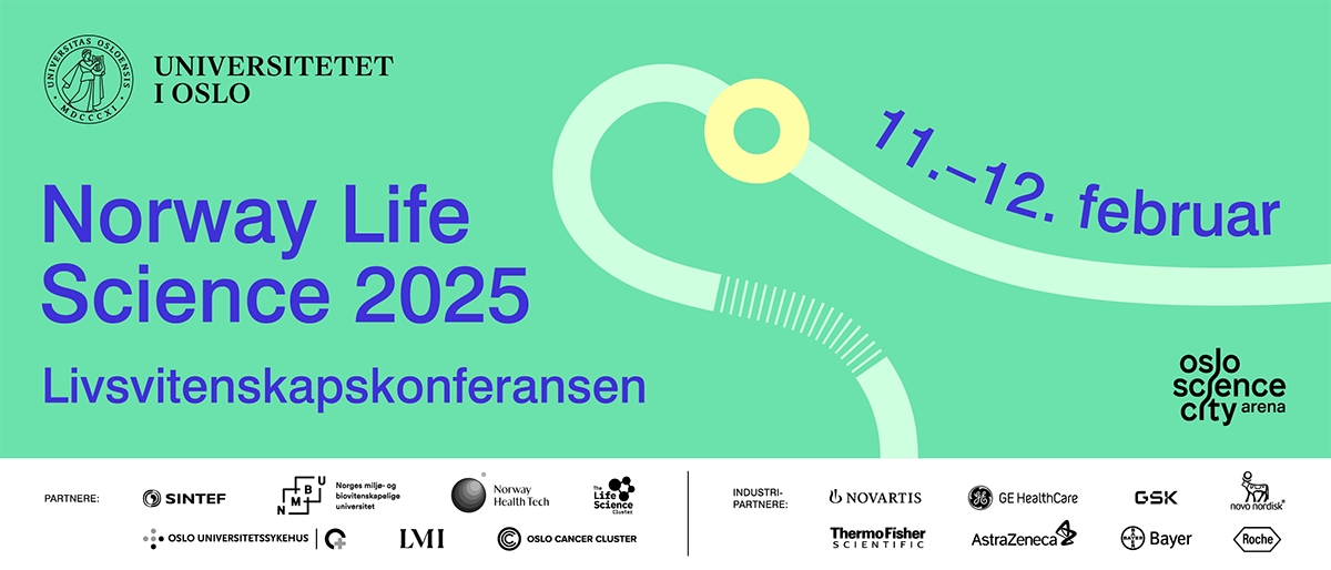 Konferansebanner med "Norway Life Science 2025" og "11. - 12. februar" i bl? tekst p? gr?nn bakgrunn.