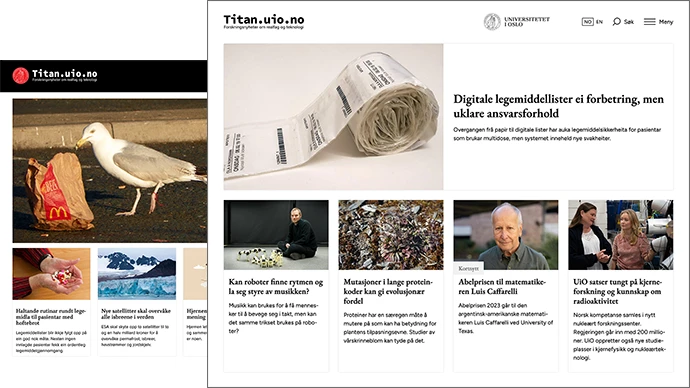 Collage av forsiden til titan.uio.no f?r og etter overgang til Vortex og nytt design.